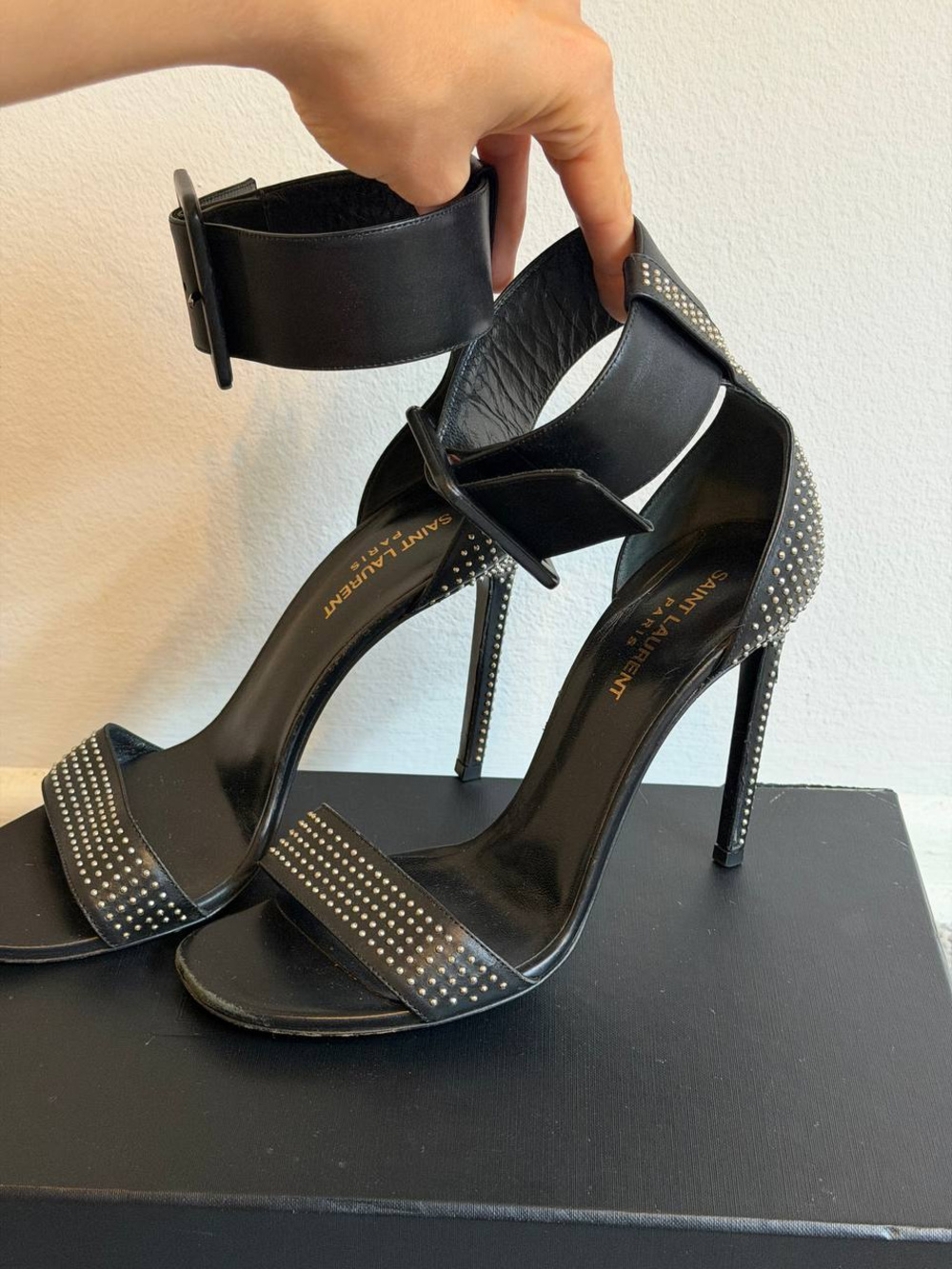 Saint Laurent Jane Studded Leather Ankle Cuff Sandals Heels Black EU 40